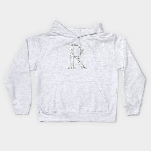 Henna Alphabet R / Henna Letter R - Black Henna Line Art Kids Hoodie by Tilila